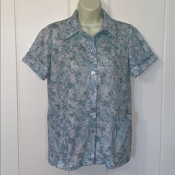 Vtg 70s green & blue floral polyester smock top - Picture 1 of 8